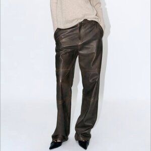 Zara Leather Collection Distressed Brown Leather Straight Leg Pants  SZ S